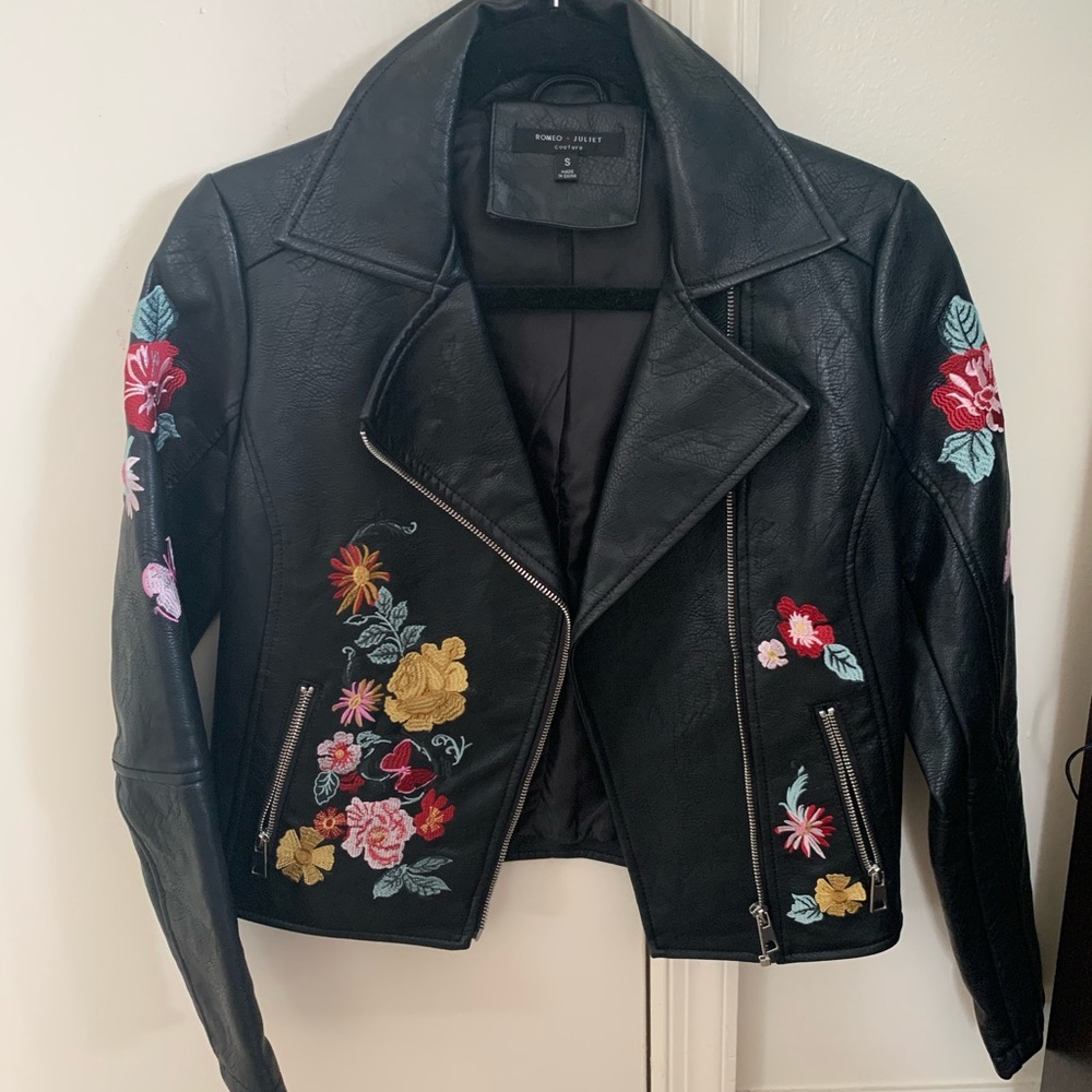 Floral embroidered leather jacket
